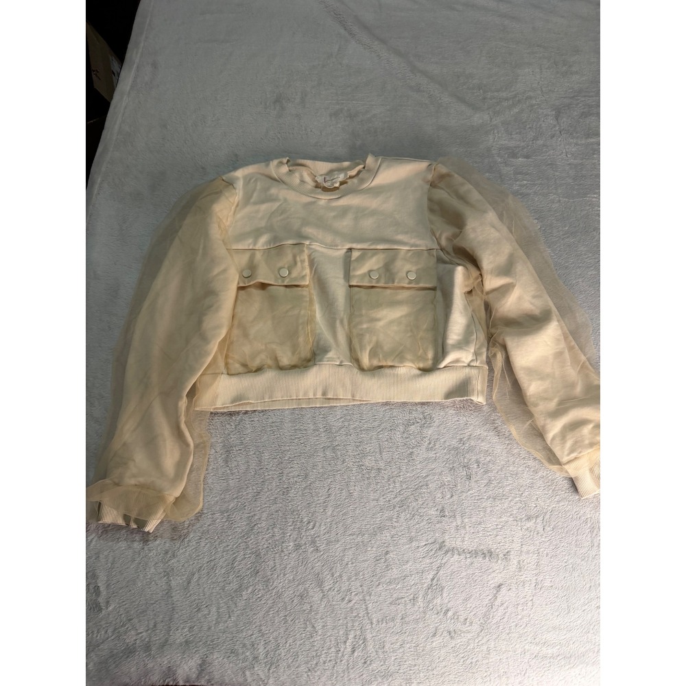 Anthropologie Sheer Puff Sleeve Utility Sweatshirt Cream Large OB1856166